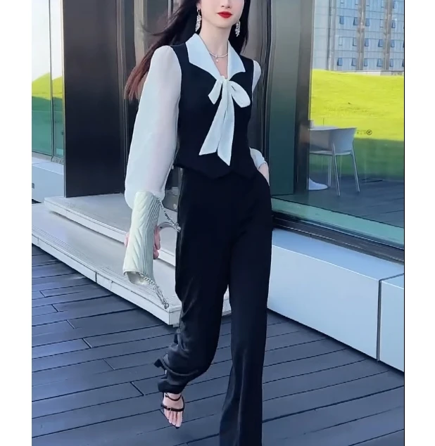 2025春季新款时尚气质法式减龄拼接上衣长裤套装女XIAOJIANG20201