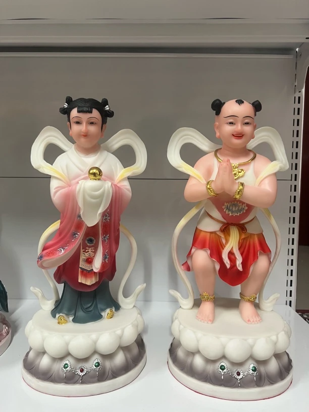 汉红彩绘善财童子龙女观音侍从家用客厅摆件