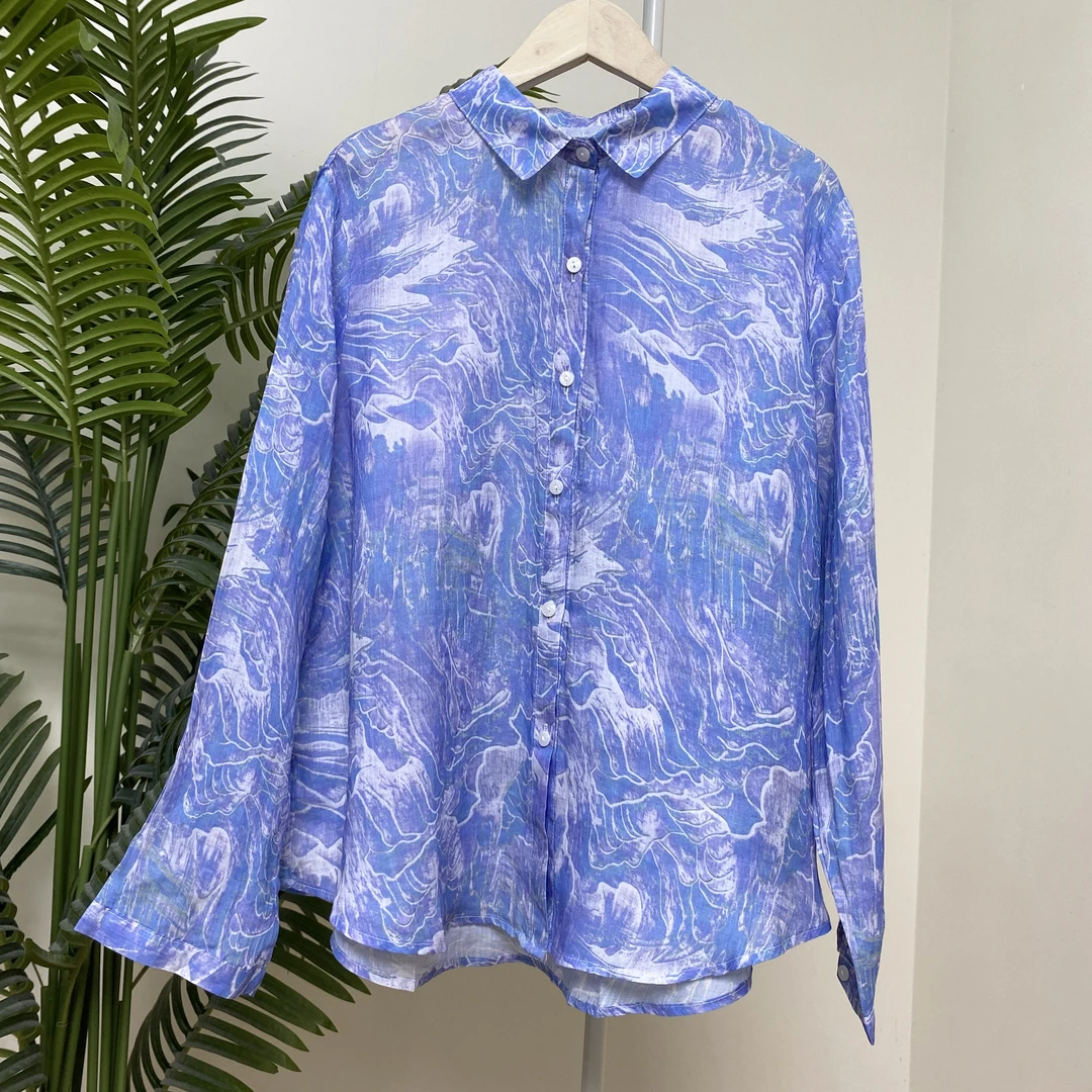 【长袖江山如画印花苎麻衬衫】4041