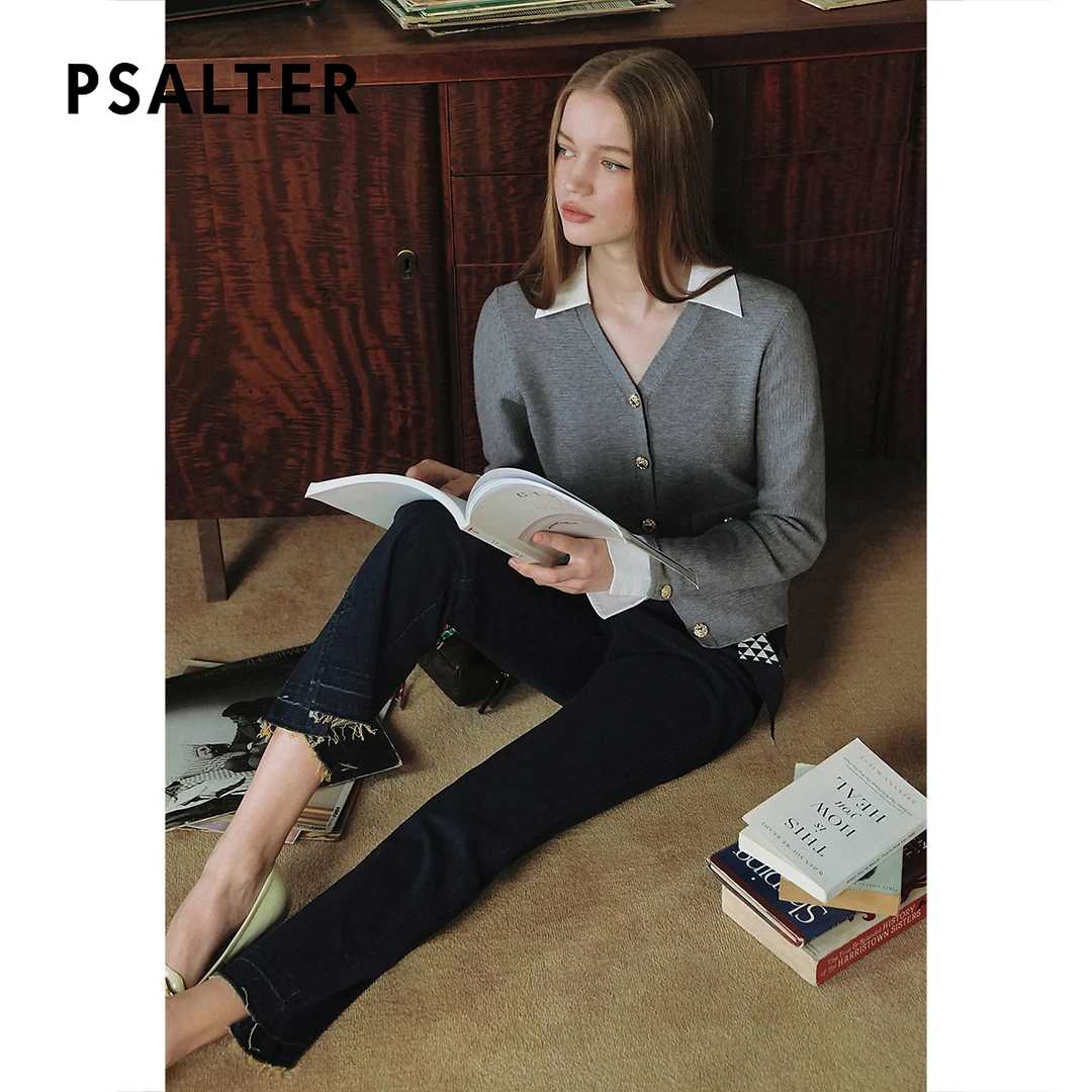 诗篇专选时尚百搭领袖撞色拼接polo领假两件针织开衫2025春新款