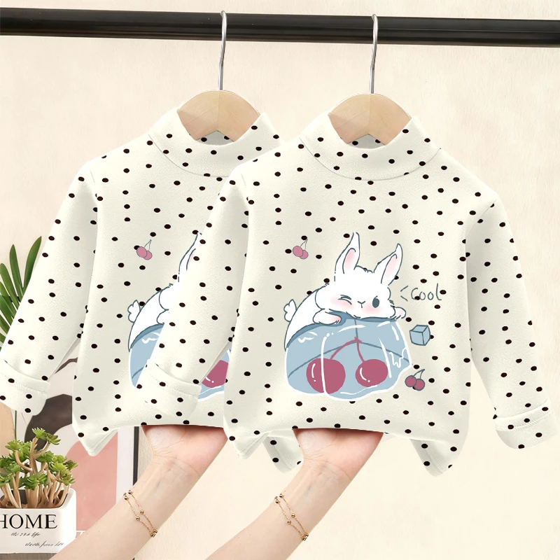 秋冬女童德绒童装儿童中大童上衣洋气波点长袖T恤高领内搭上衣潮