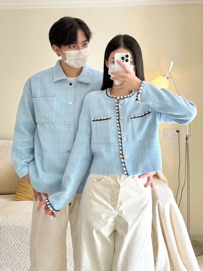 情侣通勤风薄款纯色公主袖长袖圆领不褪色短外套中长款