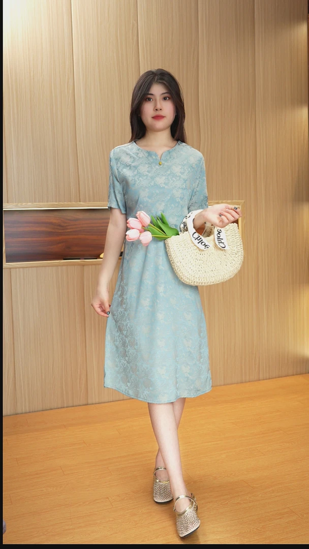 8884新中式渐变妈妈裙子时尚显瘦气质珠光中长连衣裙夏季中长款