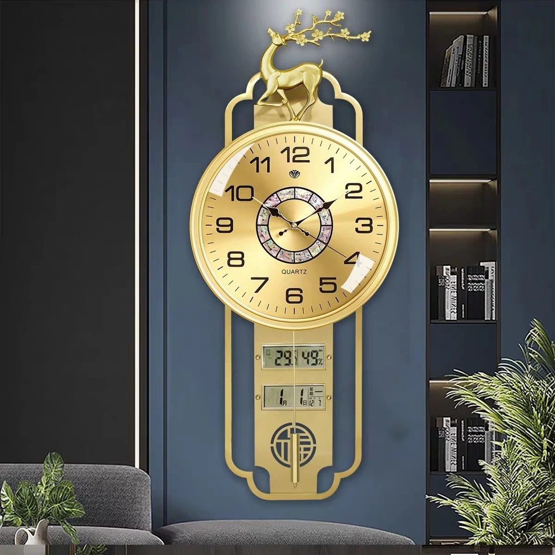 新中式福鹿呈祥简约挂钟挂表大气装饰家用客厅轻奢石英钟表时钟