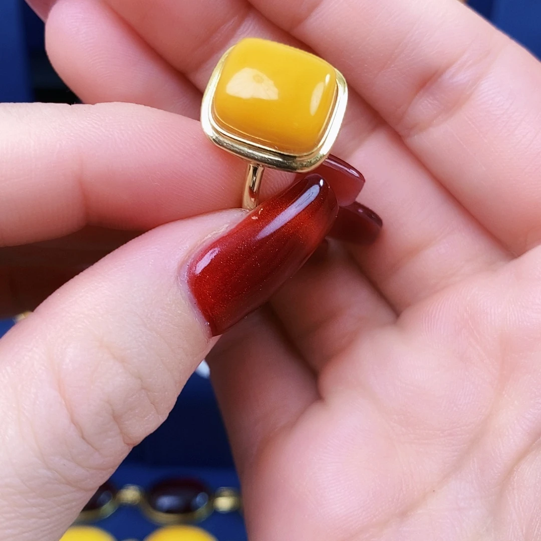 蜜蜡银S925镀金镶嵌戒指