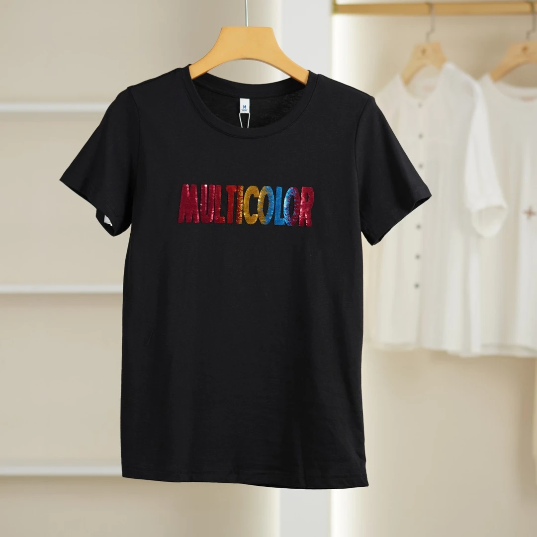 麦迪尚品【爱YL】K1492 夏季字母亮片短袖T恤衫品牌折扣撤柜女装