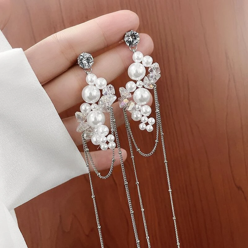 合金仿珍珠耳饰 124超长流苏耳环合金材质高级感甜美气质耳饰女