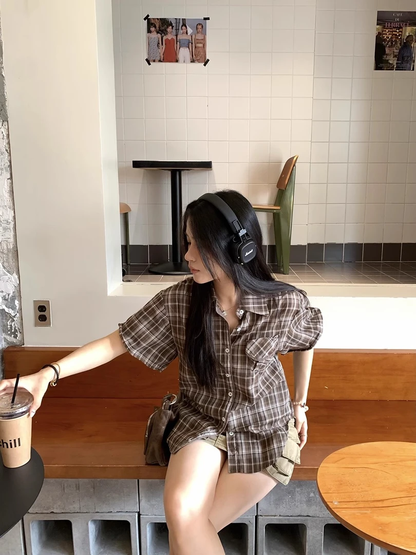 ONEXH·2025夏季美式复古设计感阔袖短袖格子衬衫女宽松韩系衬衣