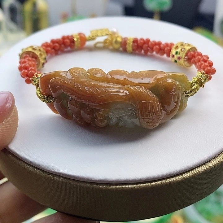 翡翠手链未镶嵌翡翠雕刻凤凰牡丹手牌手链