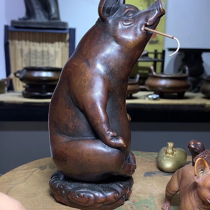 铜佰***^禅意猪熏香炉 摆件