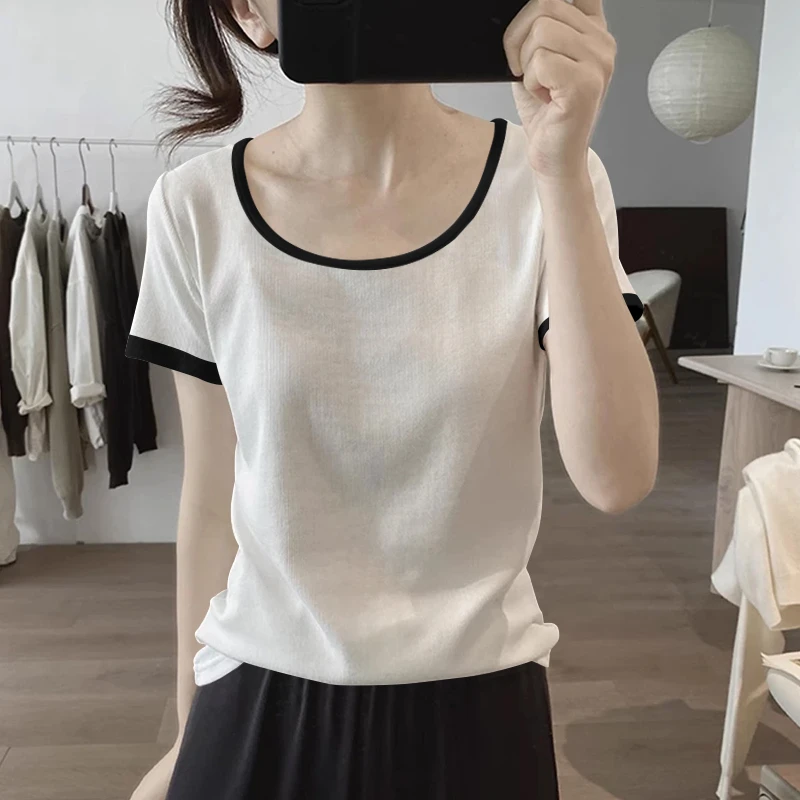 夏季爆款U领拼色宽松大码显瘦螺纹条纹短袖T恤女百搭圆领打底上衣