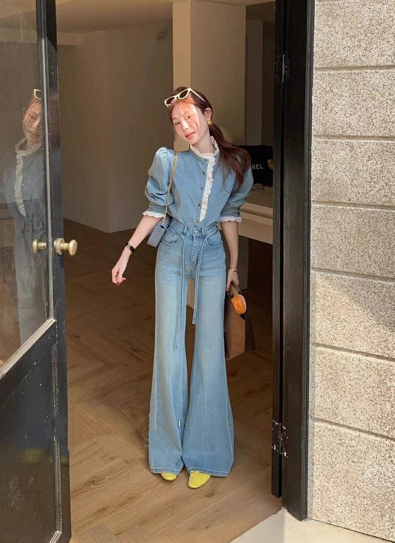 欧货高腰微喇牛仔裤女2025春季新款设计感拖地长裤喇叭裤