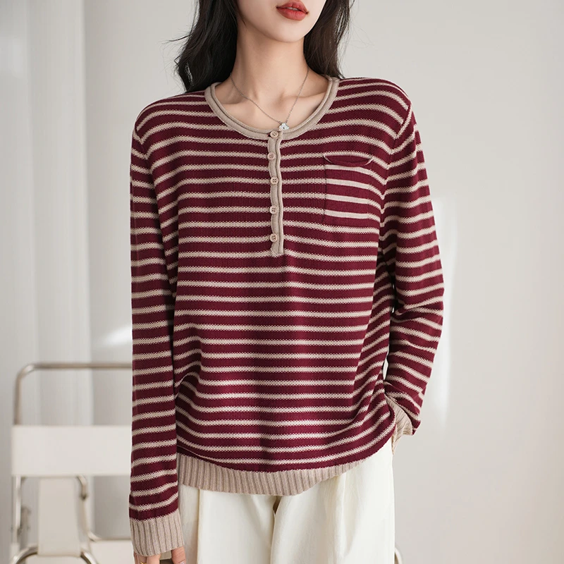 哥弟阿玛施正品早春新款纯棉针织衫圆领系扣韩版条纹T恤衫上衣女