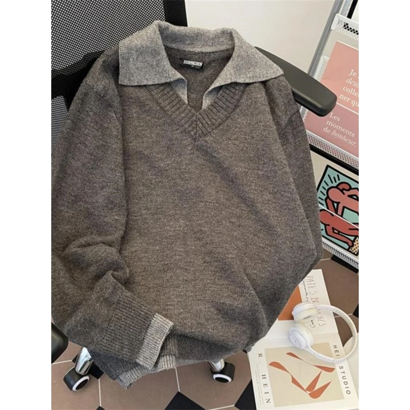 加大码300斤撞色拼接针织毛衣2025秋冬男女复古休闲假两件POLO衫