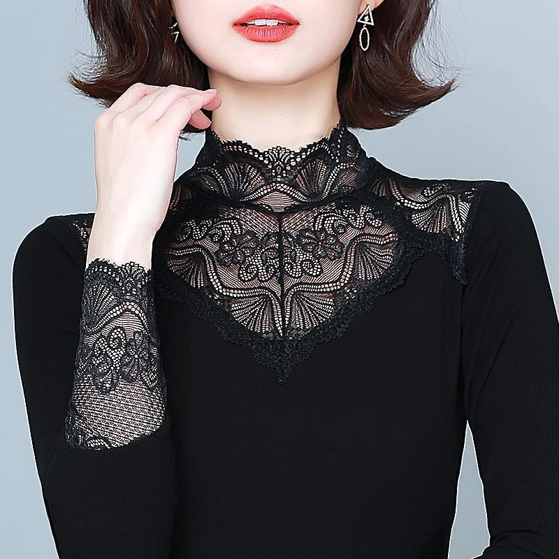 春季新款蕾丝打底衫洋气时尚妈妈装长袖德绒百搭显瘦遮肚镂空上衣