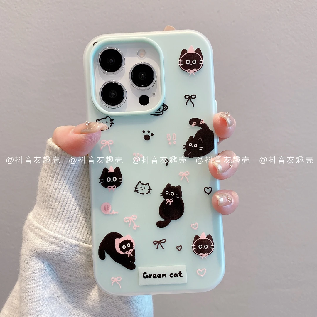 适用于苹果16新款/华为/小米/果冻壳手机壳卡通ins高级潮绿色小猫