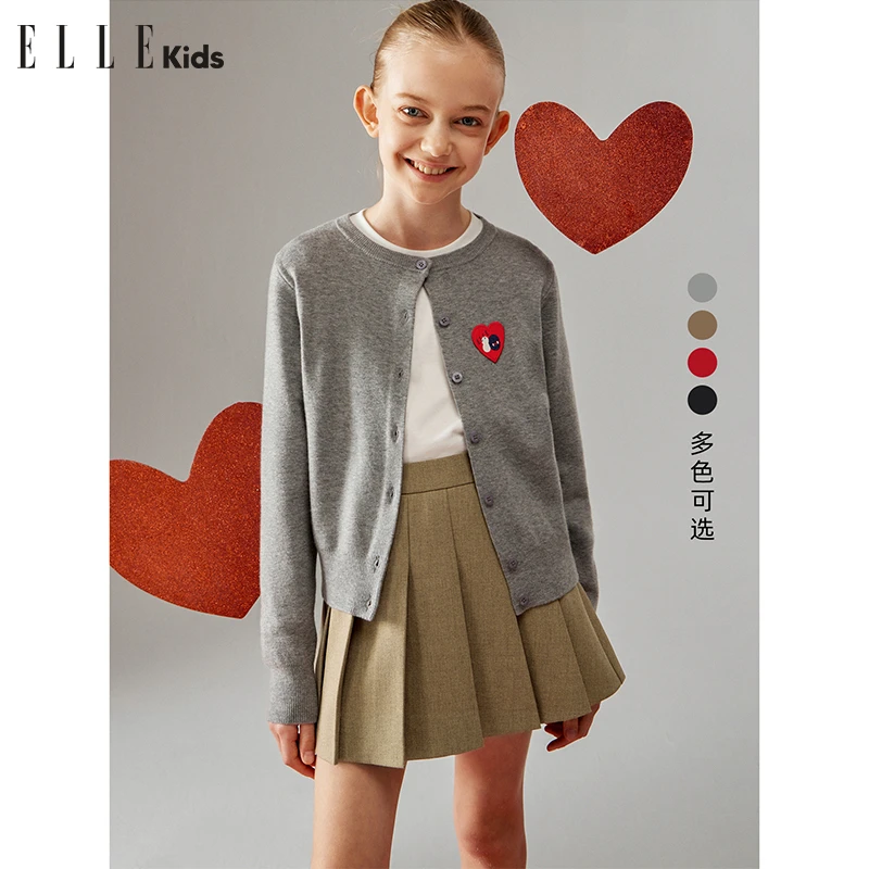 ELLE KIDS 贴布绣花针织开衫女童秋季周年系列学院风毛衣Q1