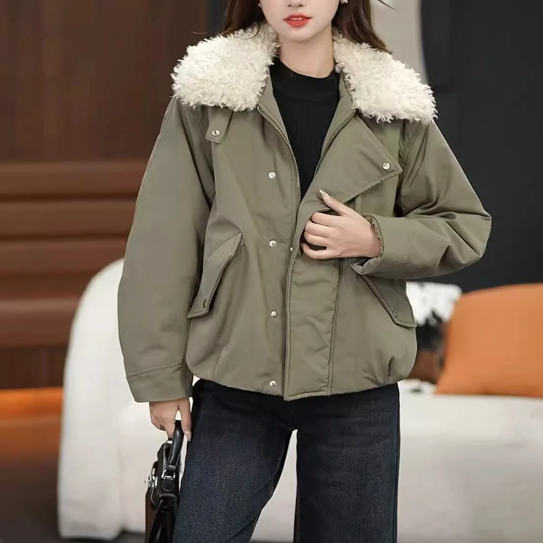 韩版羊羔毛领派克服女2025冬季新款宽松休闲百搭短款保暖棉服外套