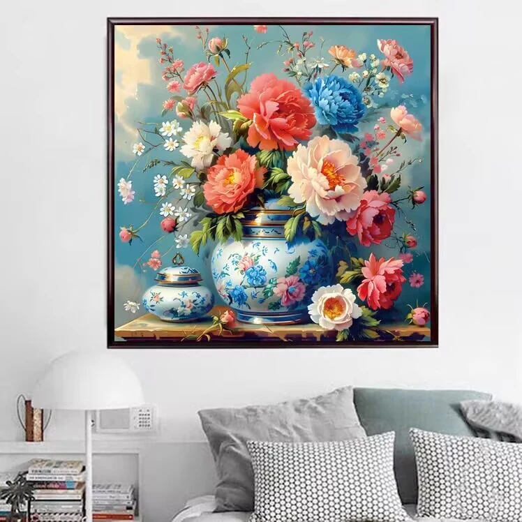 繁花似锦十字绣花瓶玫瑰2025新款新中式客厅餐厅玄关花卉方形33色