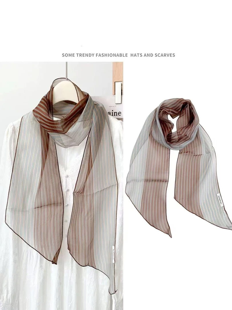 Jane Austin -12（丝巾）拼色竖条纹薄款仿丝长条丝巾百搭薄款围巾