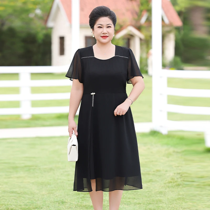 中老年女装洋气阔太太裙子高级感妈妈装连衣裙薄款雪纺裙WL25177