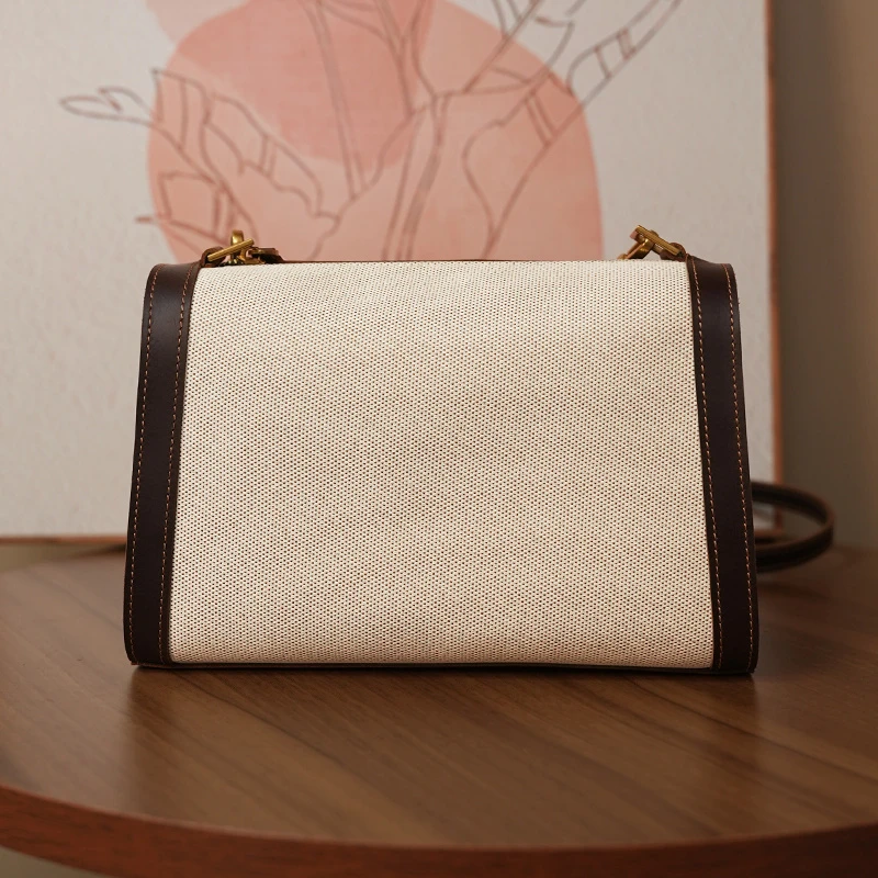 鹿师傅新款帆布系列头层疯马牛皮大容量枕头女包-DJ1081