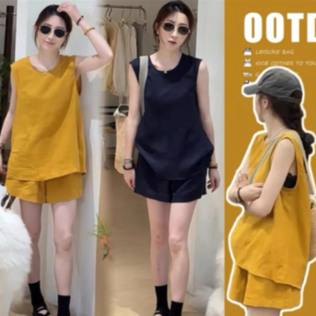 【韩国上衣+短裤两件套】气质简约冰冰凉凉麻麻料正品无袖套装