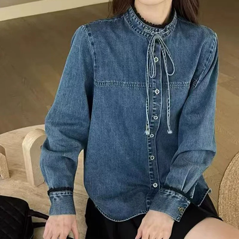 韩系花边立领软牛仔牛仔衬衫休闲宽松潮流时髦减龄衬衣上衣 8212