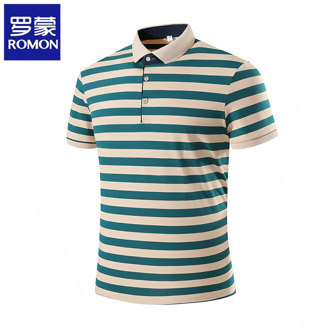 Romon/罗蒙夏季新款男士短袖条纹POLO衫休闲翻领t恤体恤透气上衣T