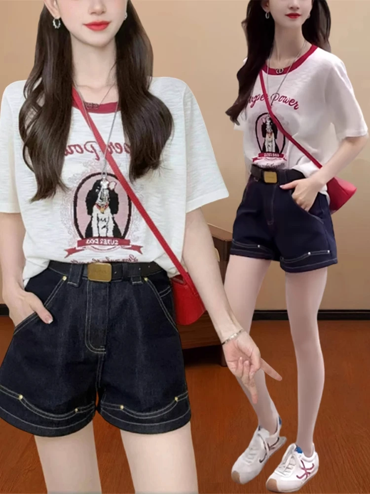 夏日穿搭女休闲减龄撞色圆领短袖T恤显瘦高腰显瘦印花百搭上衣ins