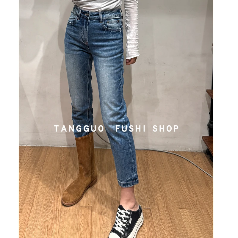 【唐果】51835八分牛仔烟管裤女微弹修身厚款中高腰丹宁牛仔裤