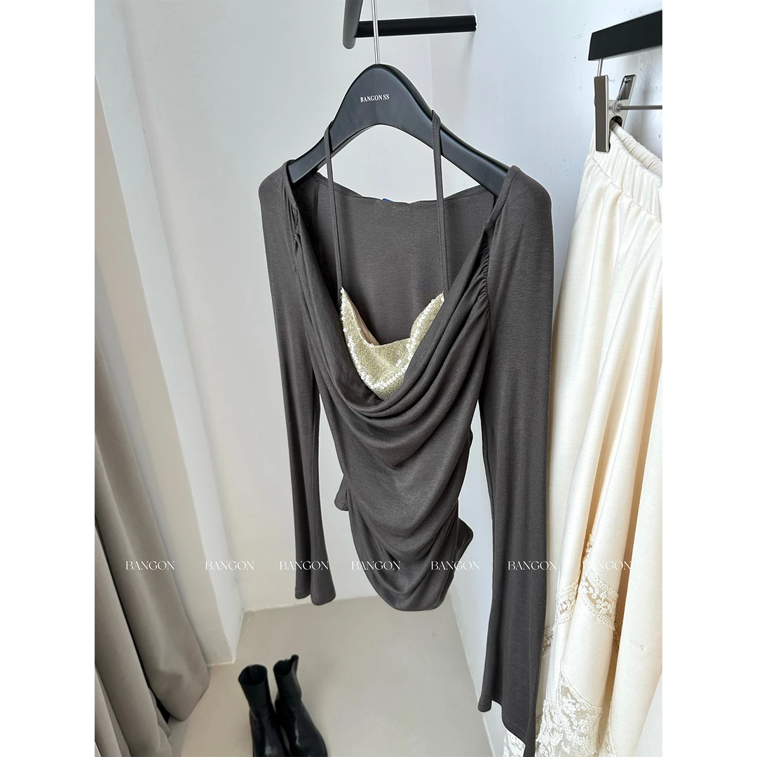 BANGON 挂脖荡领上衣修身显瘦设计感2025年秋季新款气质辣妹风T恤