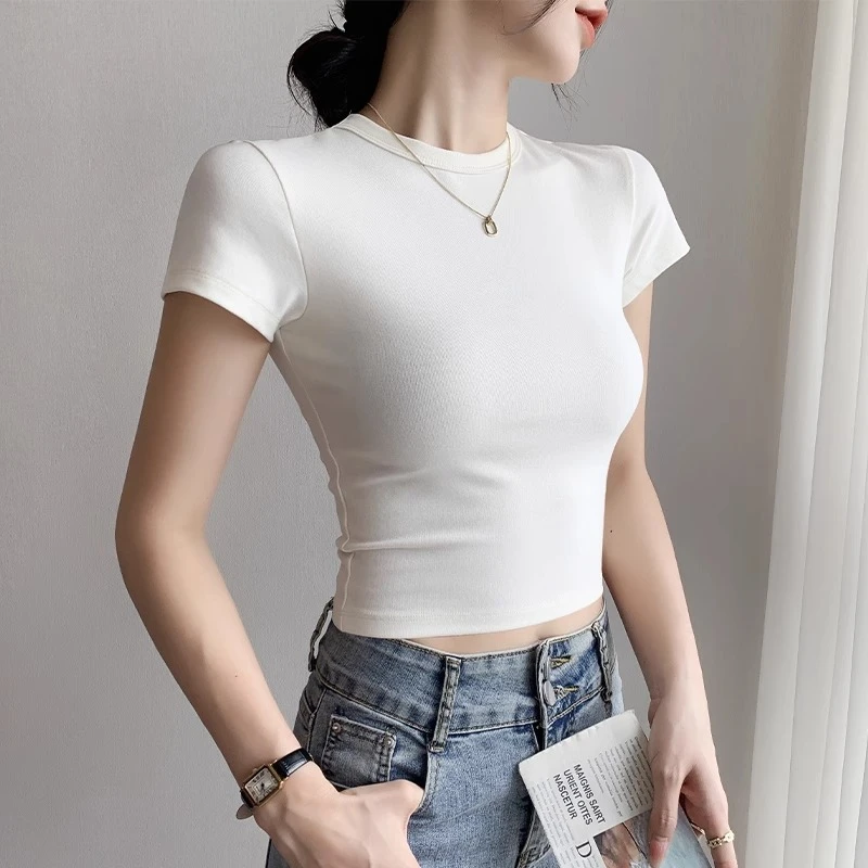 白色短袖t恤女方领2025年夏季新款大U领打底衫内搭短款露脐上衣潮