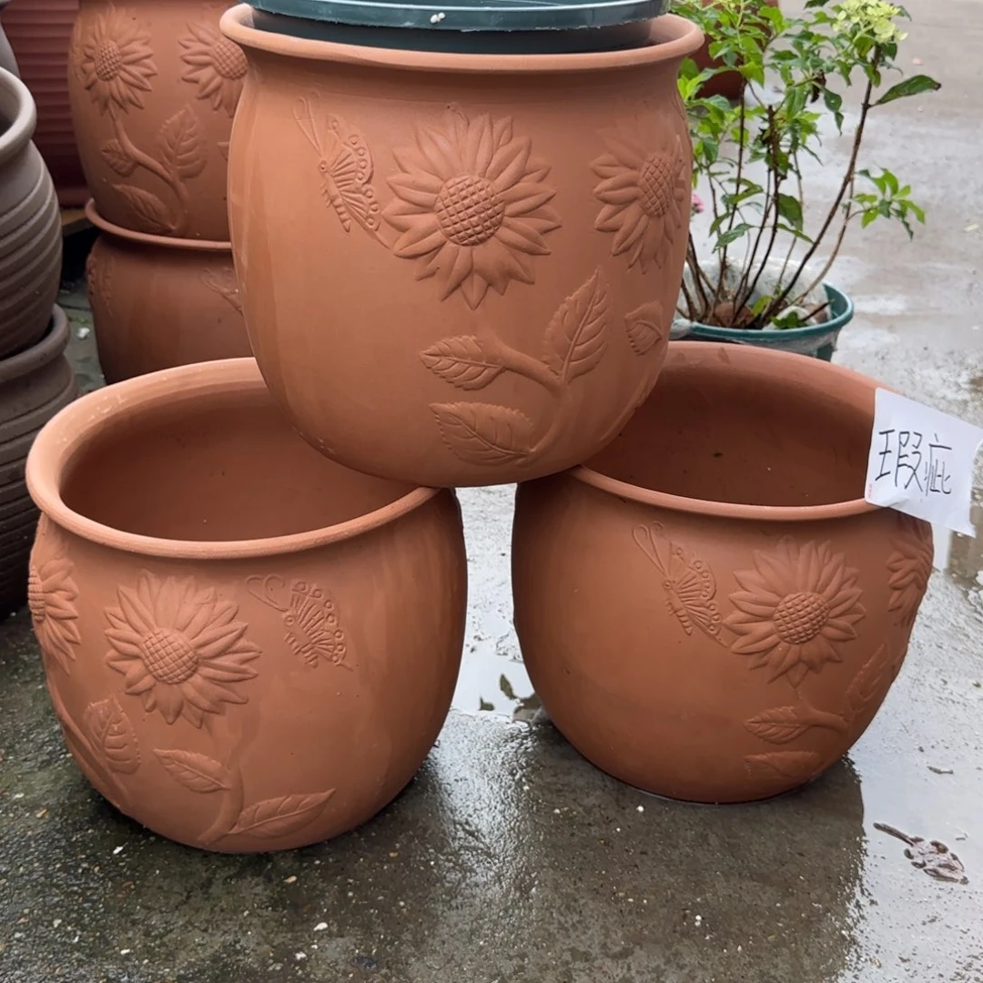 朱泥花盆口30高26宜兴紫砂瑕疵粗糙花泥