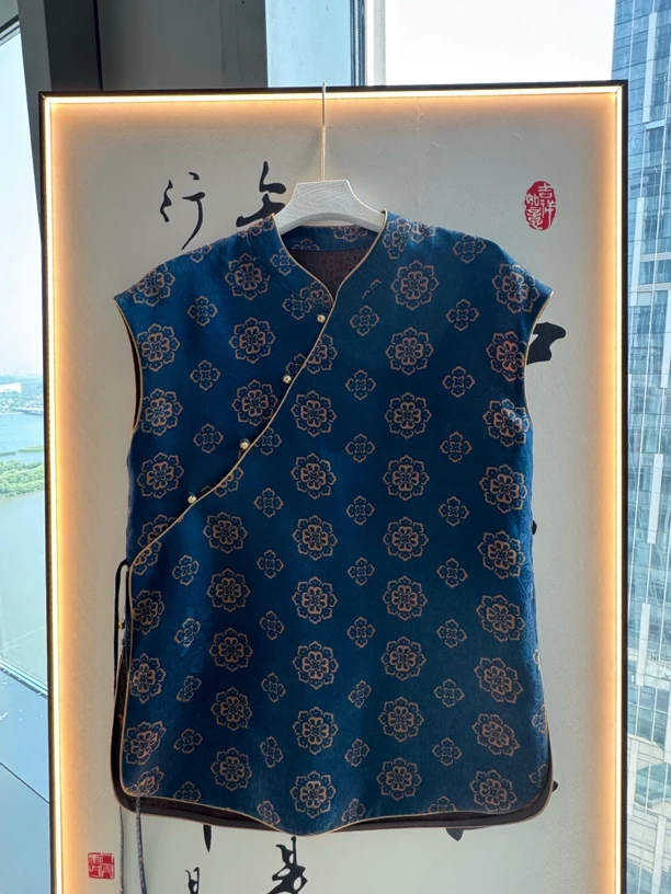 蓝色宝相花红云纱花萝长款上衣