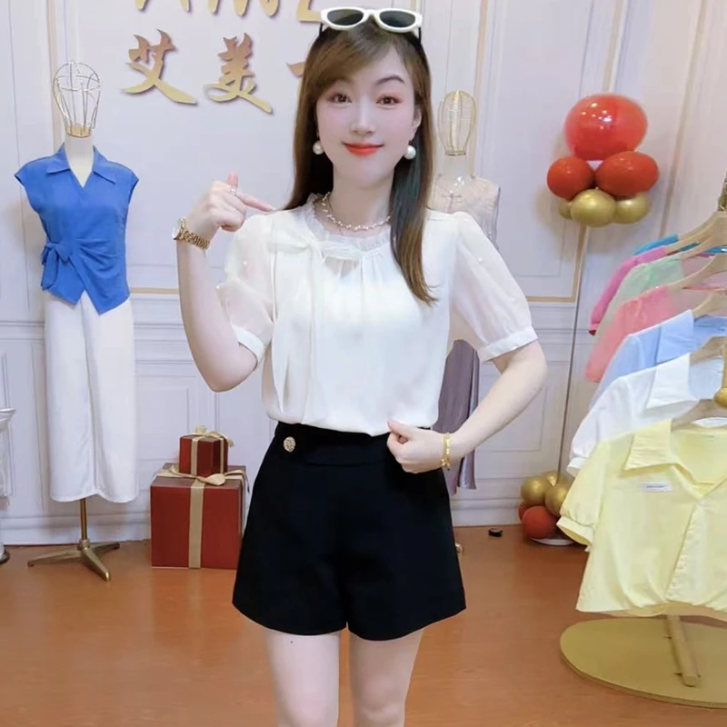 小个子简约木耳领衬衫女2026年夏季新款飘带蝴蝶结遮肚子显瘦上衣