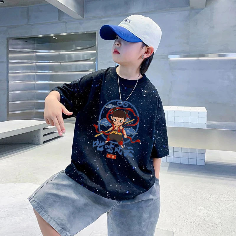 哪吒新款T恤夏季男童短袖满天星儿童洋气圆领上衣中大童宽松夏装