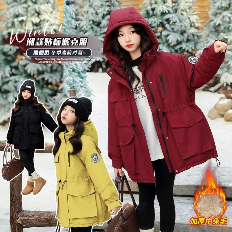 女童冬季加绒加厚派克服外套中大童女孩红色连帽棉衣秋冬宽松棉服