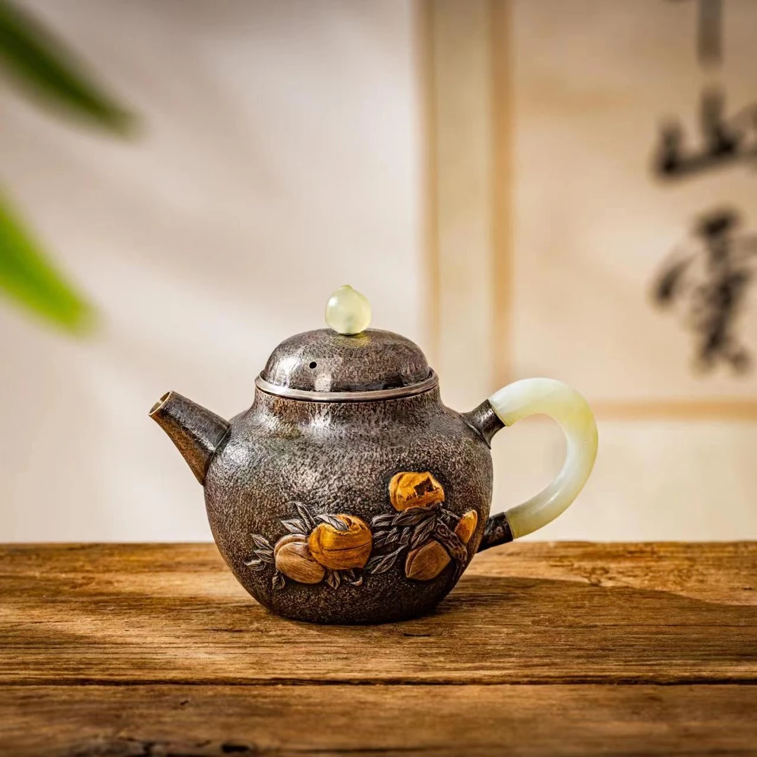 蜂鸟工坊 出口 熏银嵌金桃炮口葫芦形小壶 FNN1103