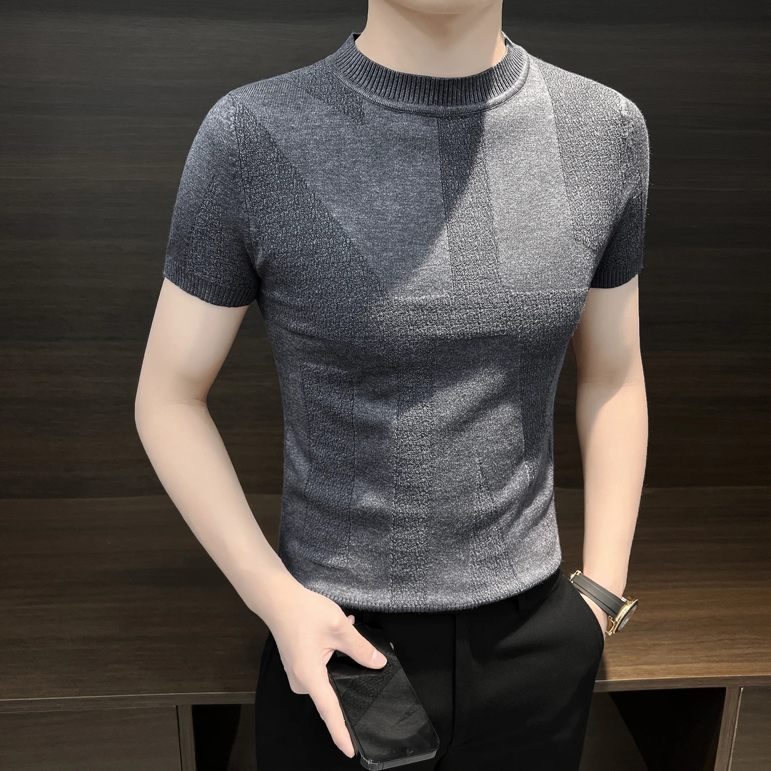 针织短袖男士t恤提花圆领痞帅高级感秋冬2025帅气几何男款打底衫