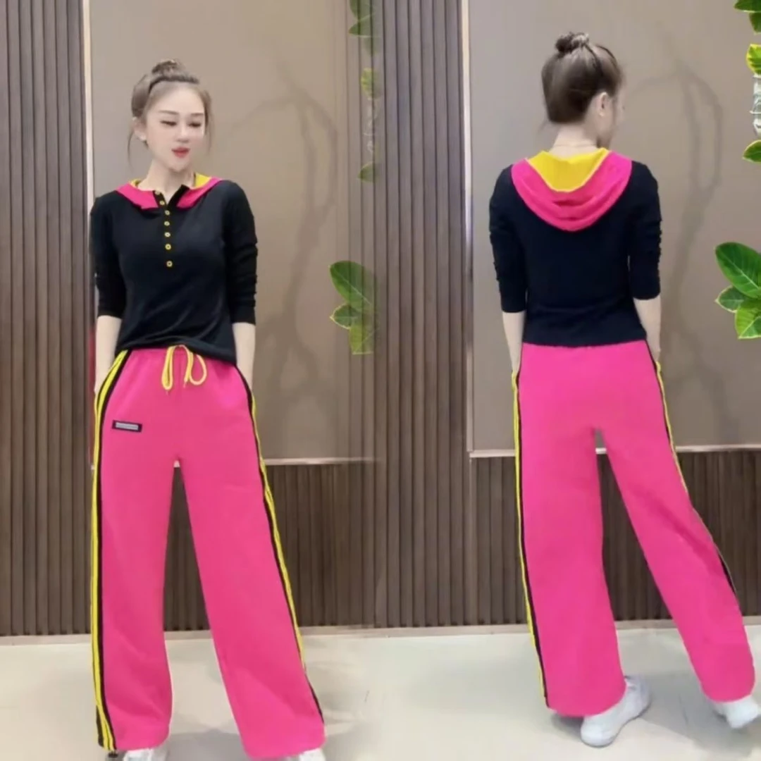 2025爆款春秋新款阔腿裤拼色拉条时尚洋气舒适百搭拽步舞休闲套装
