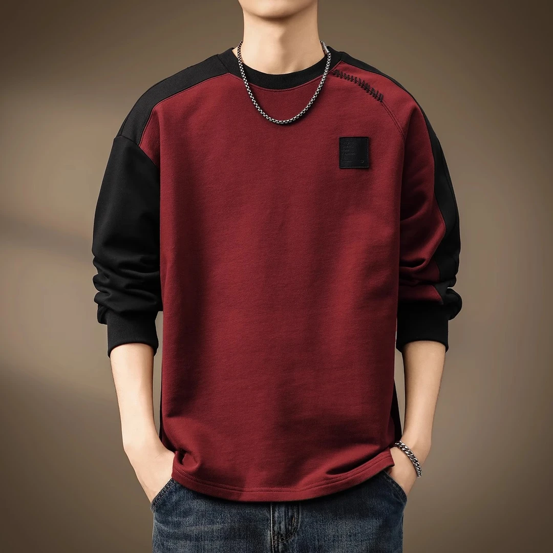 高端重磅潮牌拼接长袖T恤男士春季撞色宽松圆领休闲酒红色上衣男