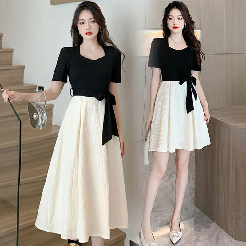 假两件短袖方领收腰连衣裙女装2025夏季新款梨型身材穿搭茶歇裙子