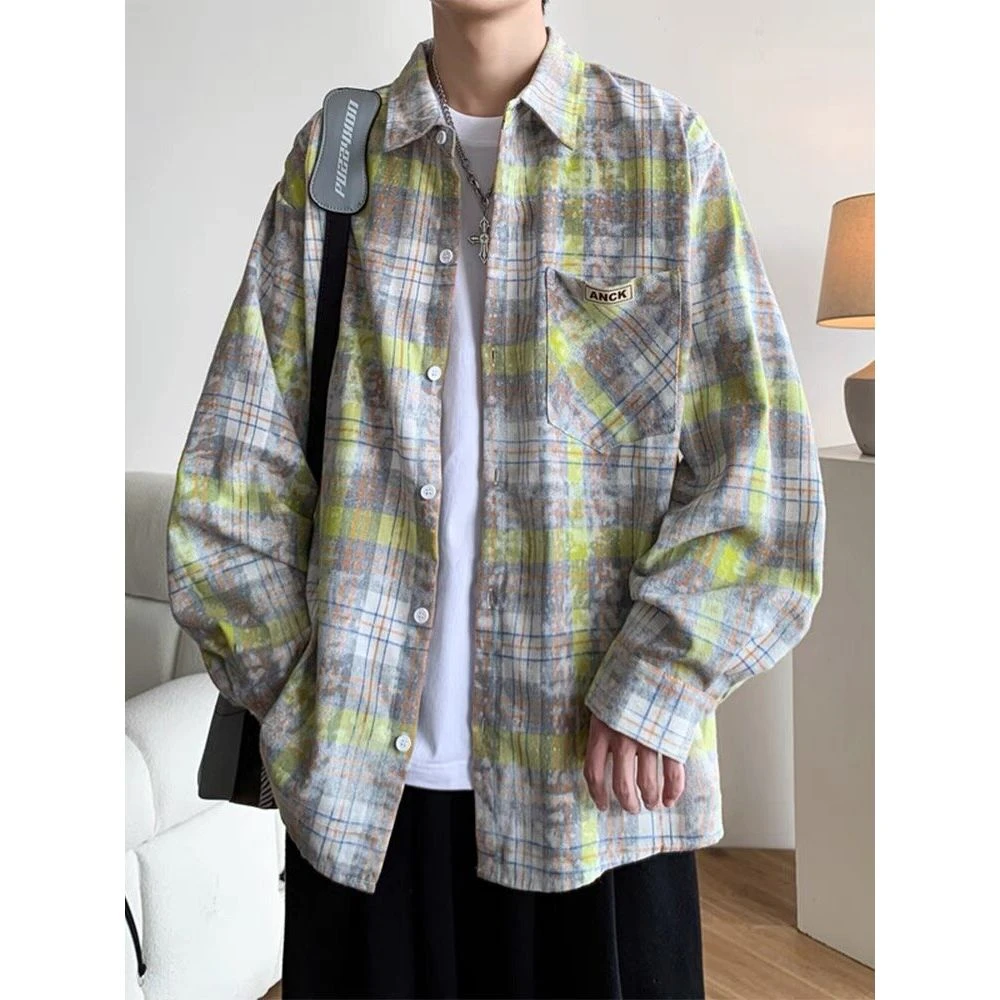 美式复古做旧扎染长袖衬衫男女春秋款高级感cleanfit情侣衬衣外套