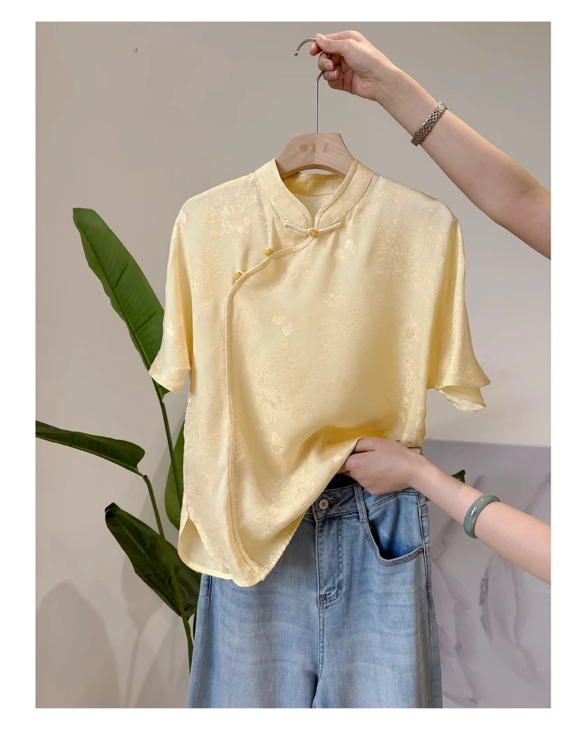 DY2344樱美嘉桑蚕丝新中式夏季女装新款上斜襟短袖