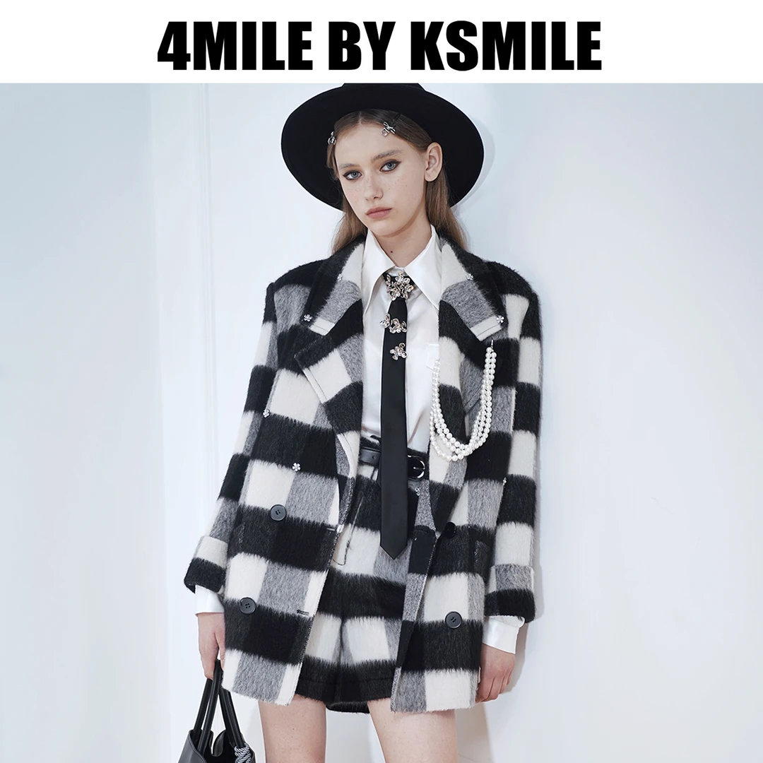 4MILE BY KSMILE黑白格纹绵羊毛西装大衣珠珠怀链时尚冬季外套