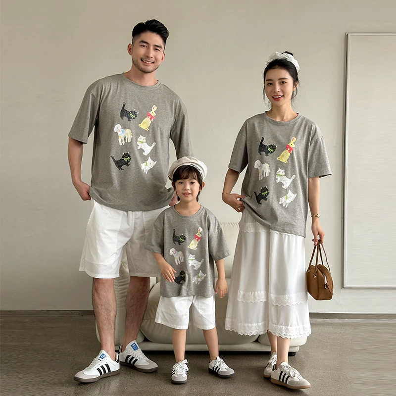 炸街亲子装一家三口夏季纯棉短袖卡通印花T恤夏装母女半身裙套装