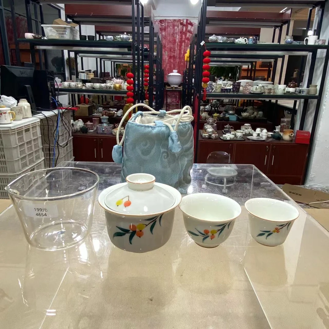 瓷韵优品  柿柿如意一壶两杯刺绣收纳包旅行茶具-4654