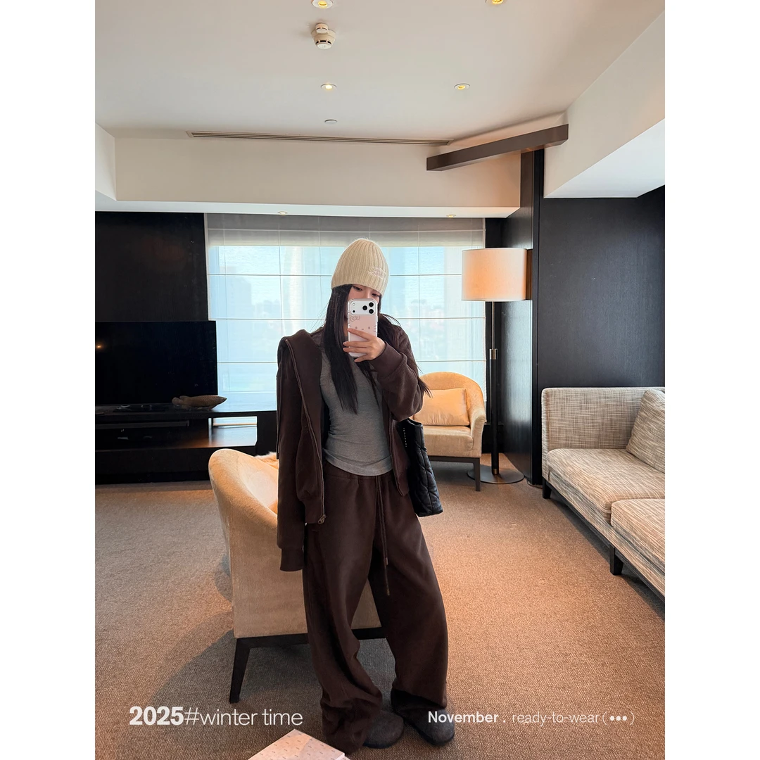 SUNONEONE 宽松连帽加厚卫衣套装女秋冬开衫卫裤一整套穿搭H1593A