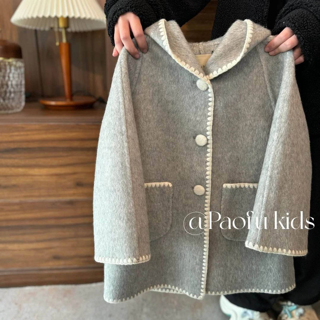 泡芙定制 2024冬季新款女童双面纯手工绵羊毛大衣外套 DY241047